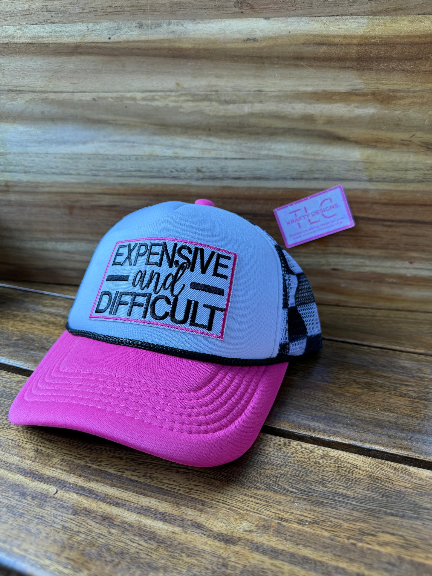 Expensive and Difficult Trucker Hat – Hot Pink & Checkered Mesh with Bold Patch
