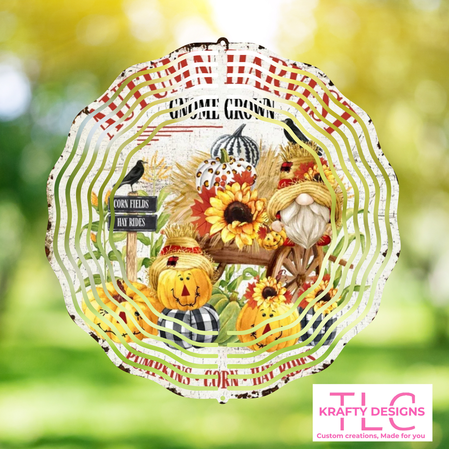 Fall Gnome & Pumpkin 10” Wind Spinner – Rustic Autumn Sublimated Metal Yard Décor