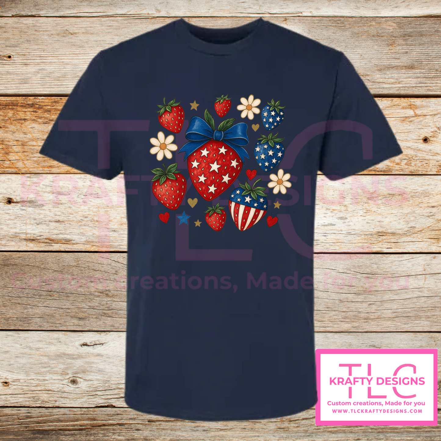 Patriotic Strawberry Tee – Red, White & Blue Summer Style