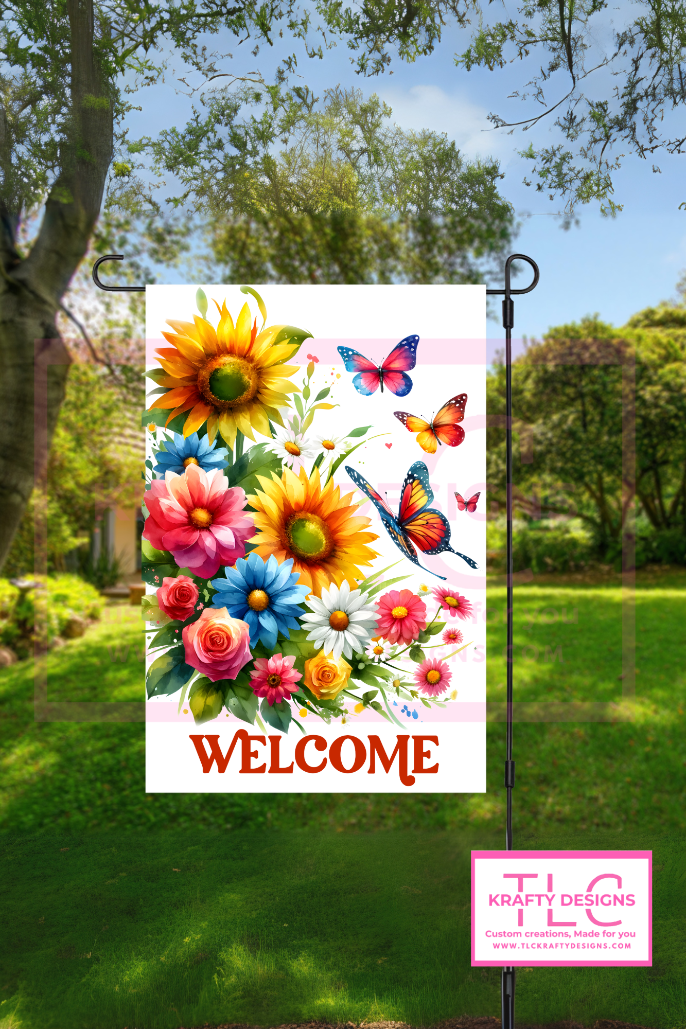 Welcome Garden Flag – Colorful Flowers and Butterflies Outdoor Banner