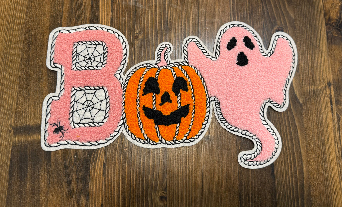 BOO Extra Large Patch – Pink Ghost, Pumpkin, and Spider Web Chenille Iron-On Halloween Patch