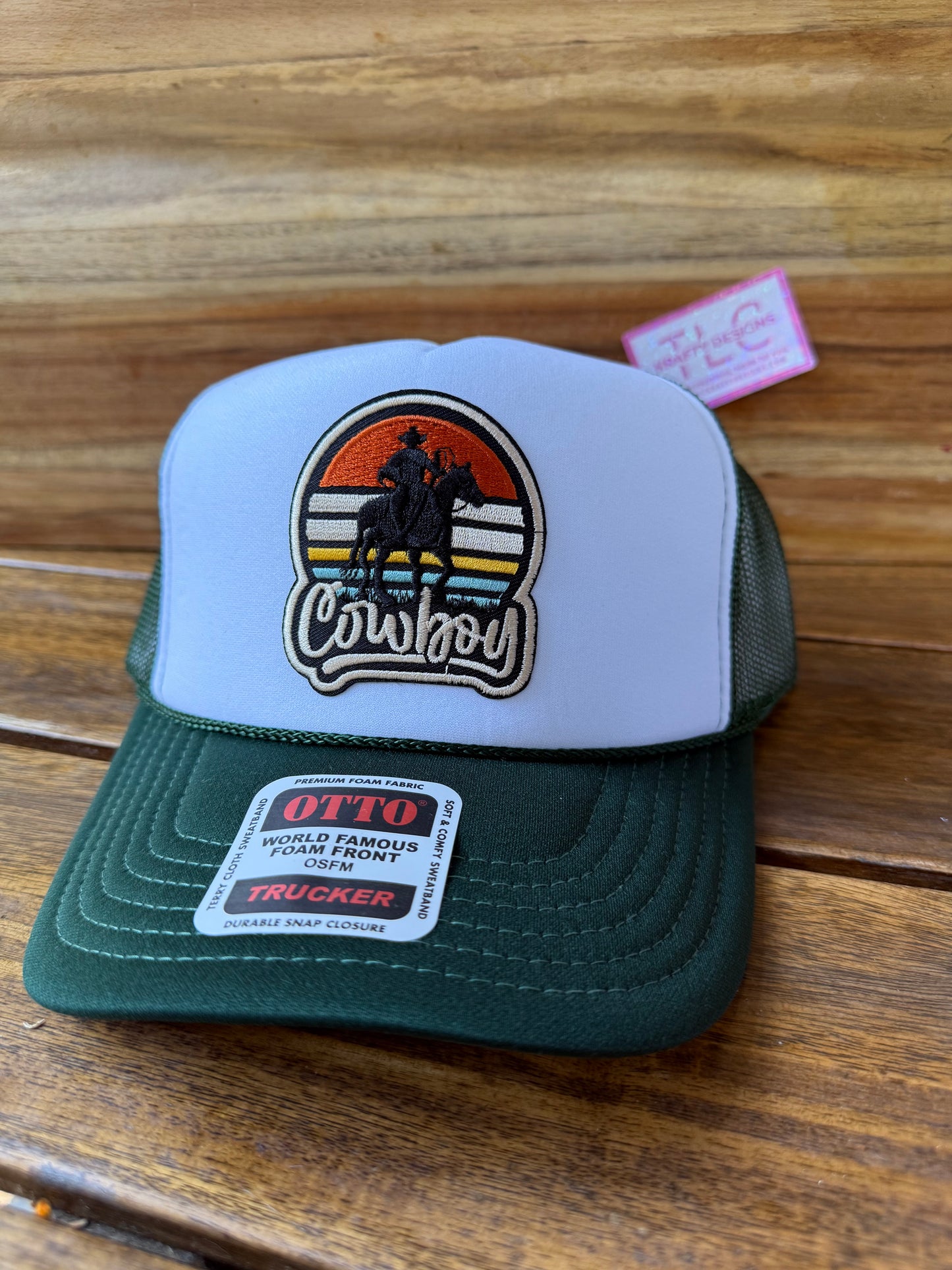 Cowboy Sunset Trucker Hat – Forest Green Mesh with Western Rider Patch