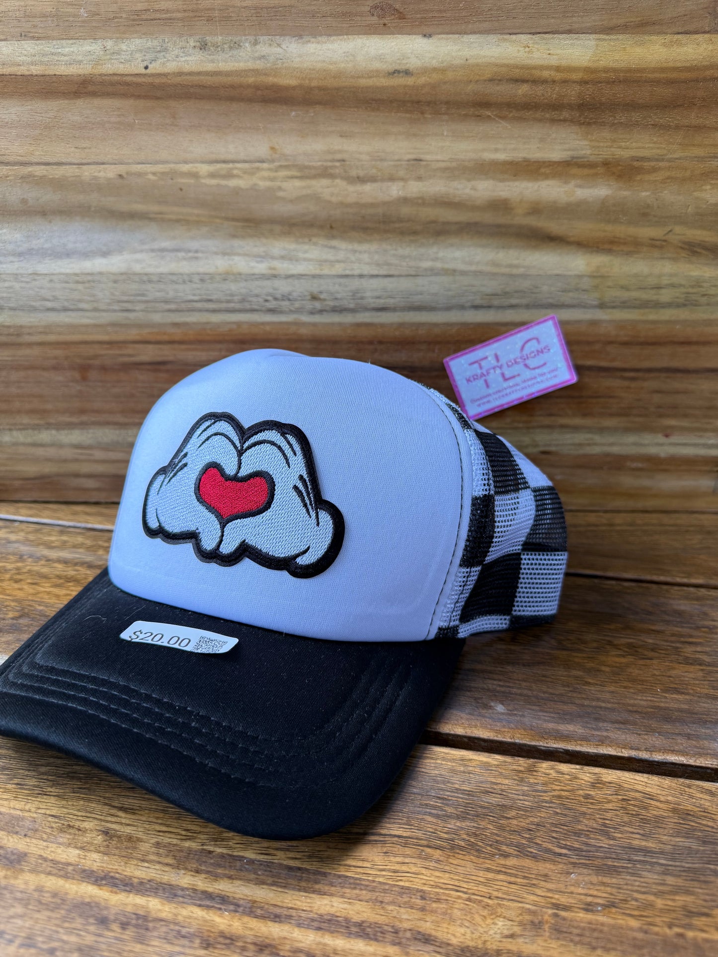 Heart Hands Trucker Hat – Black & White Buffalo Check Mesh with Red Accent Patch