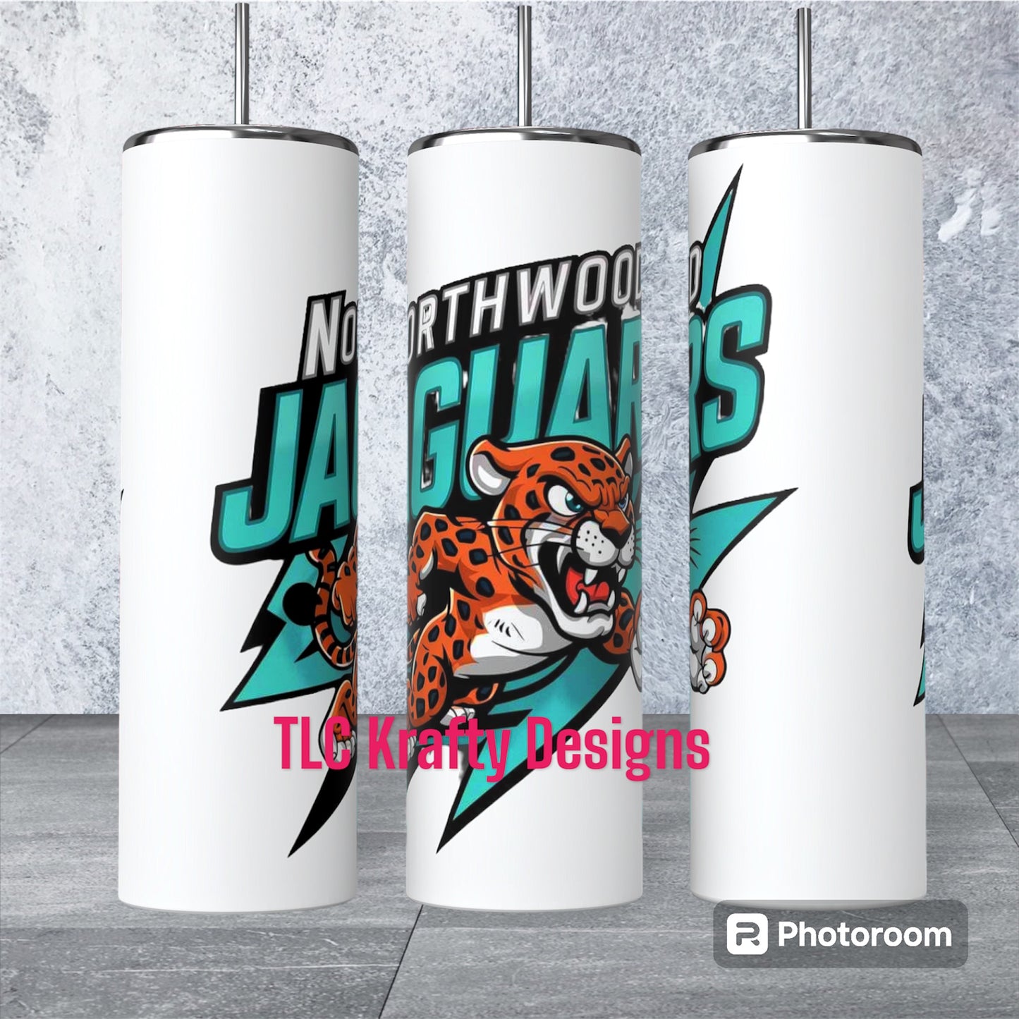 Northwood Middle School Glow in the dark Jaguar’s White & Teal Logo Sublimation tumbler