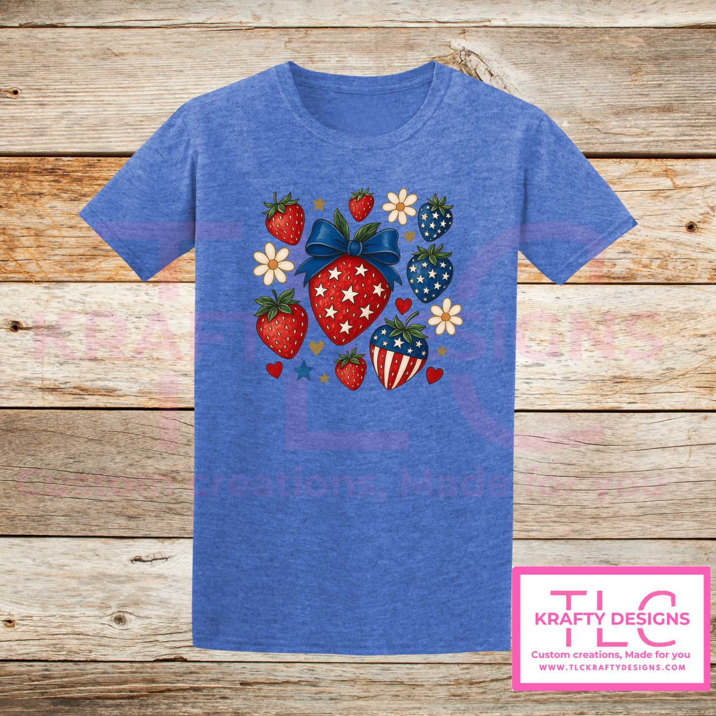 Patriotic Strawberry Tee – Red, White & Blue Summer Style
