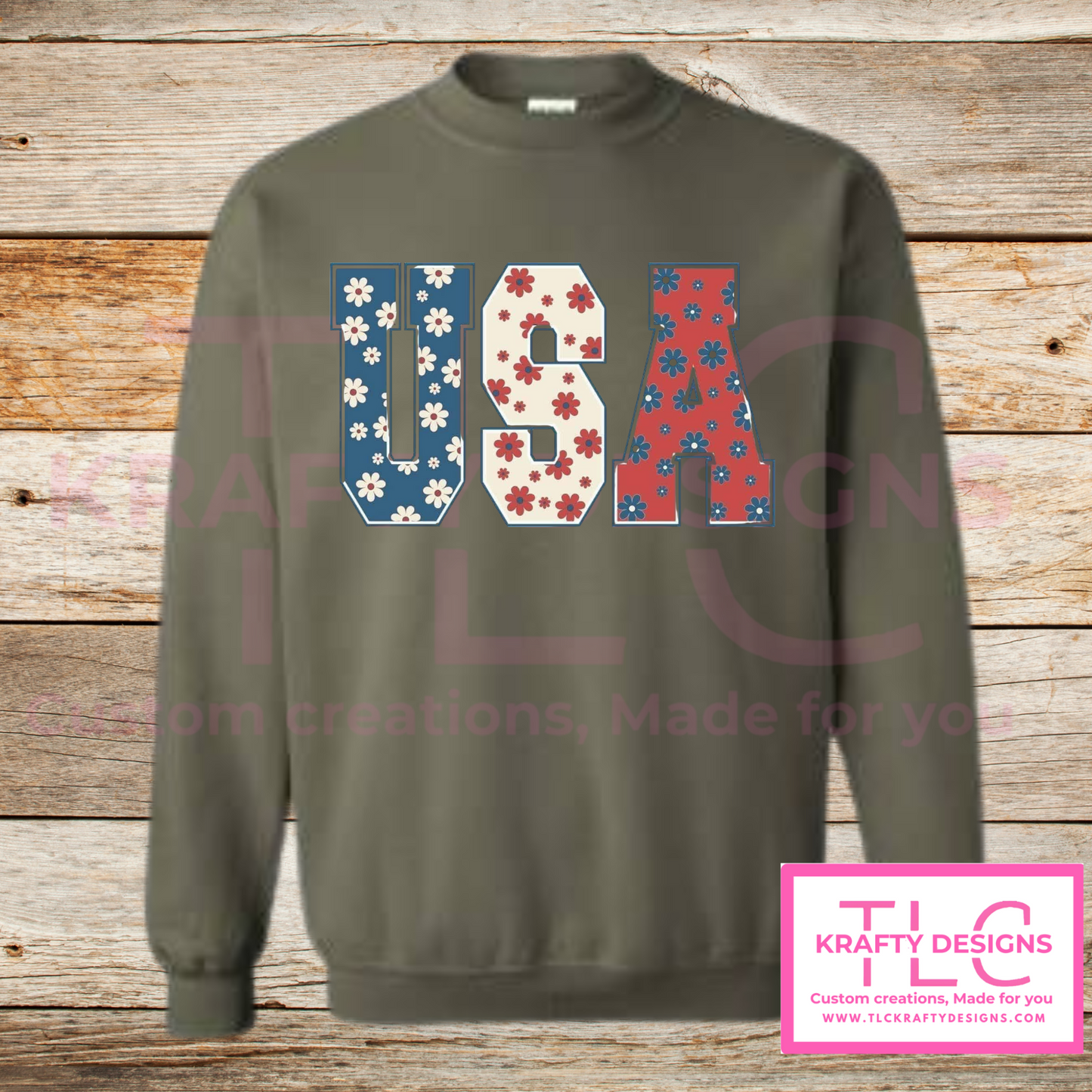 Floral USA Sweatshirt – Retro Patriotic Crewneck in Multiple Colors