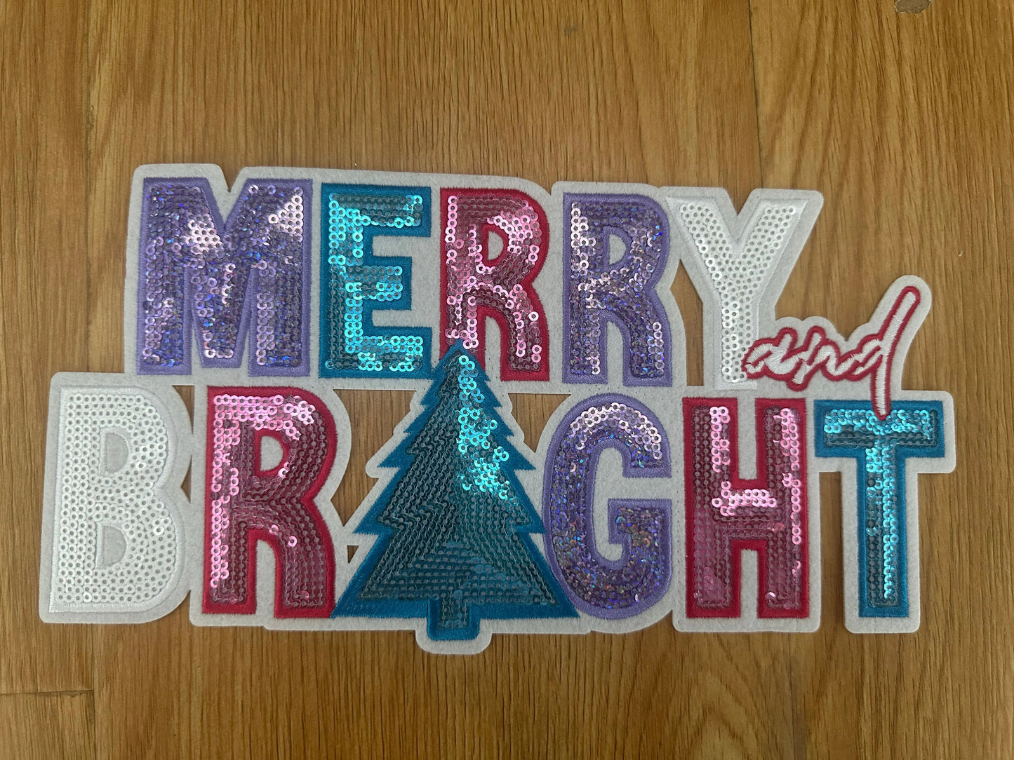 XL Merry and Bright Sequin Patch – Sparkly Christmas Appliqué with Teal Tree & Rainbow Letters preorder