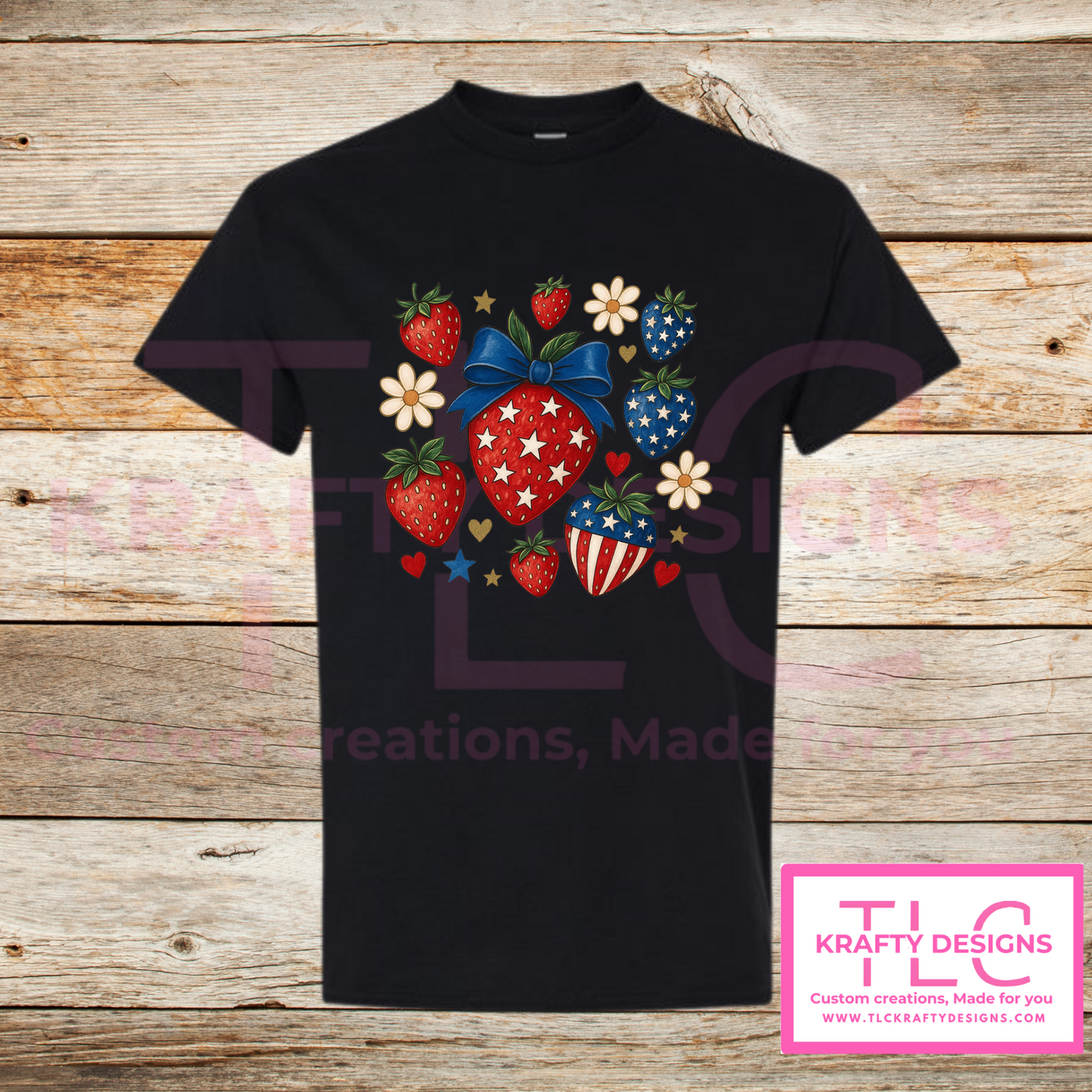 Patriotic Strawberry Tee – Red, White & Blue Summer Style