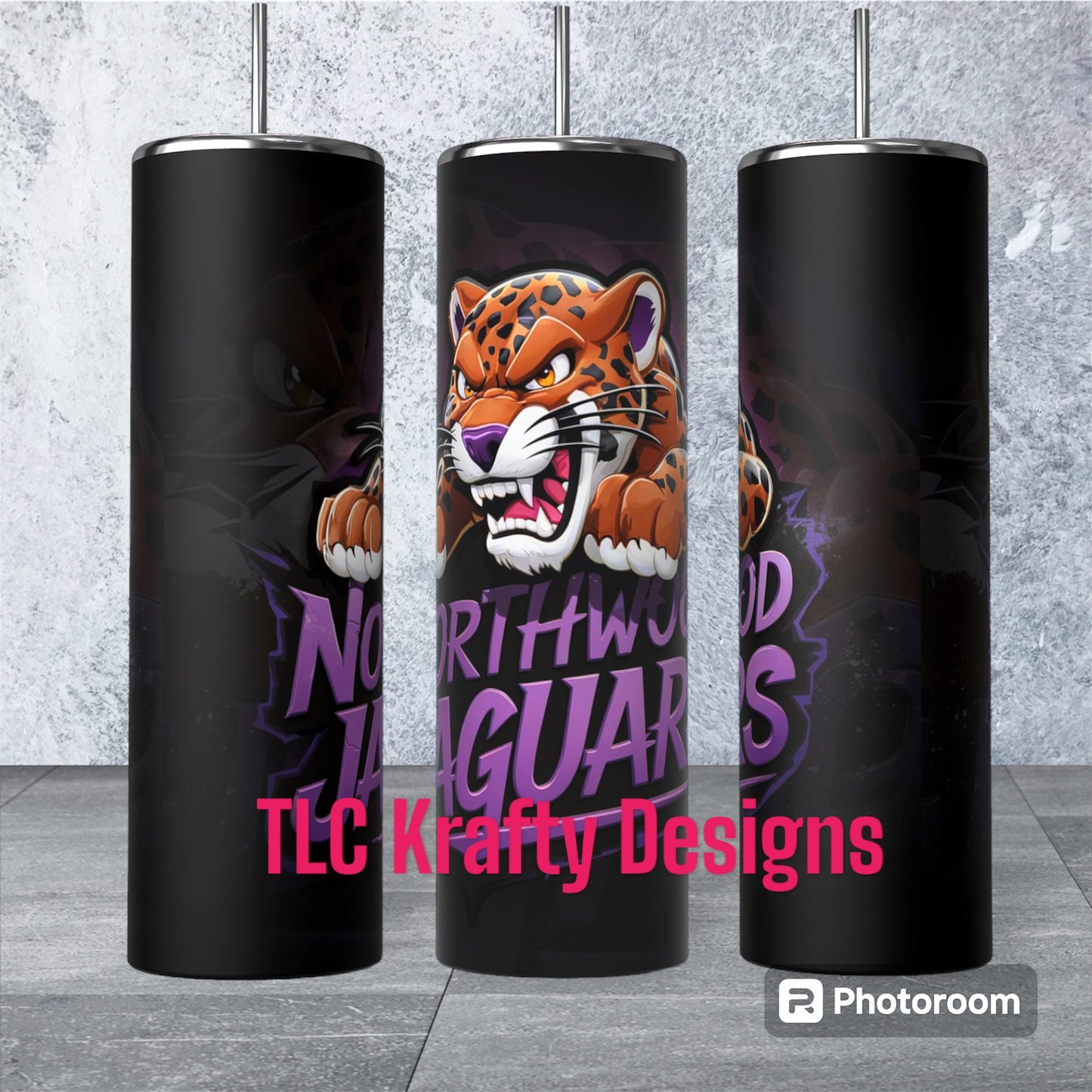 Northwood Middle School Glow in the Dark Jaguar’s Black and Purple Logo Sublimation 20oz. Skinny tumbler