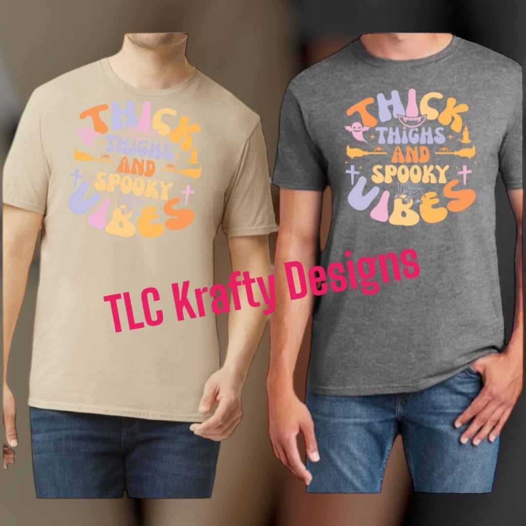 Thick Thighs and Spooky Vibes (Colorful Groovy Halloween Design) T-Shirt