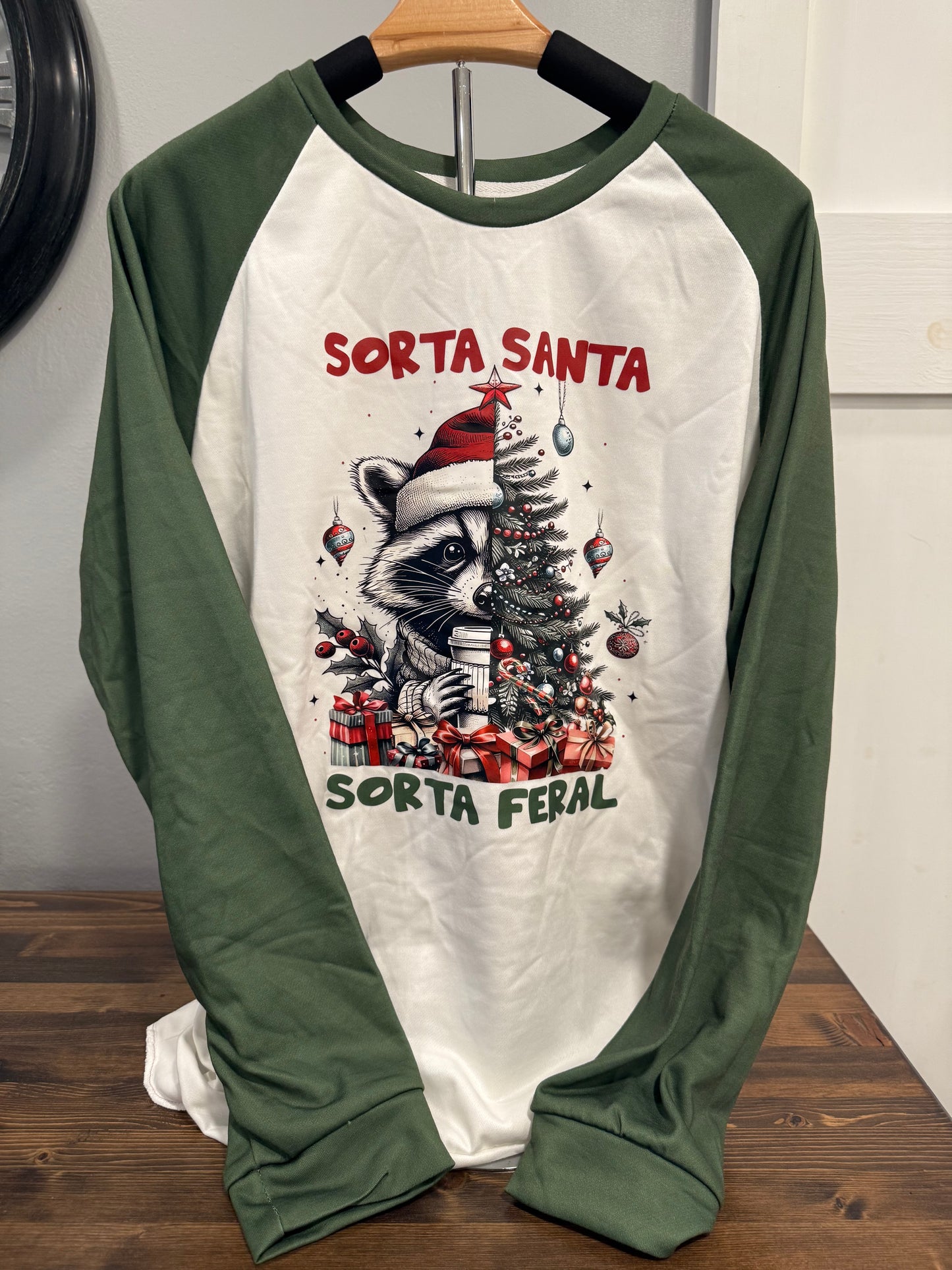 Sorta Santa Sorta Feral Raglan Top – Green Sleeve Christmas Raccoon Top