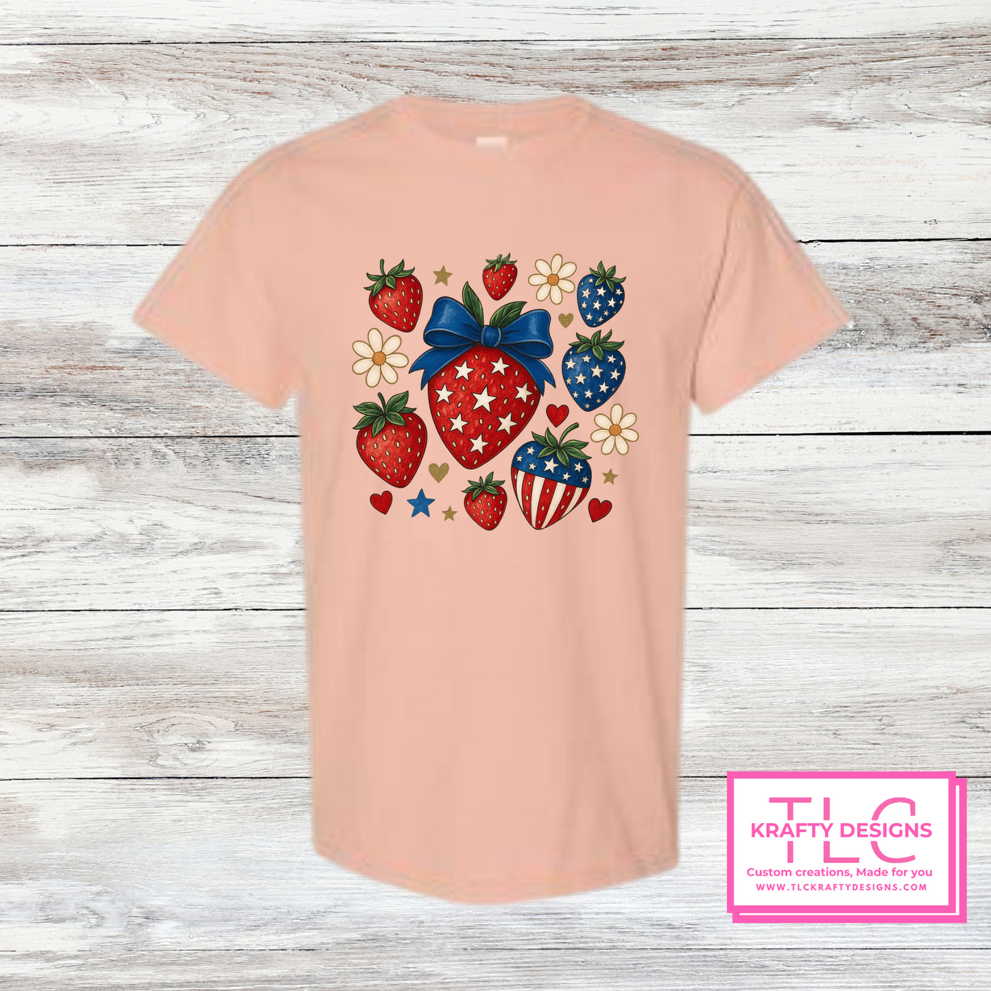 Patriotic Strawberry Tee – Red, White & Blue Summer Style