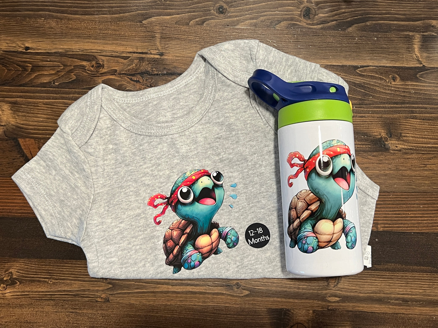 Adorable Turtle 12-18 Month Onesie and Flip Top Tumbler Set