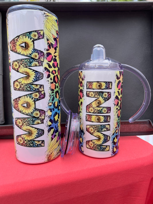 Bright Colorful Sunflower Mama & Mini Tumbler Set (Sippy or Flip Kids Cup)