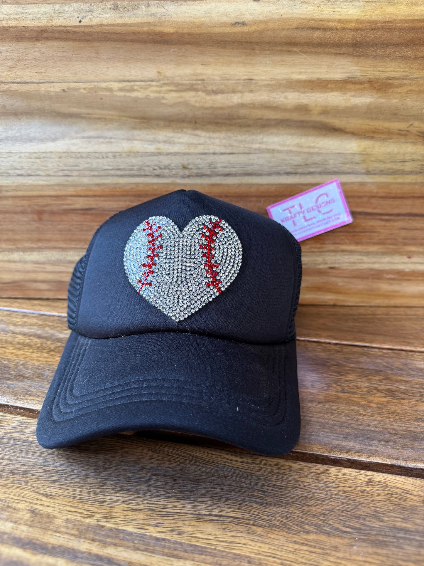 Black Trucker Hat – Baseball Heart with Red Stitching Rhinestones