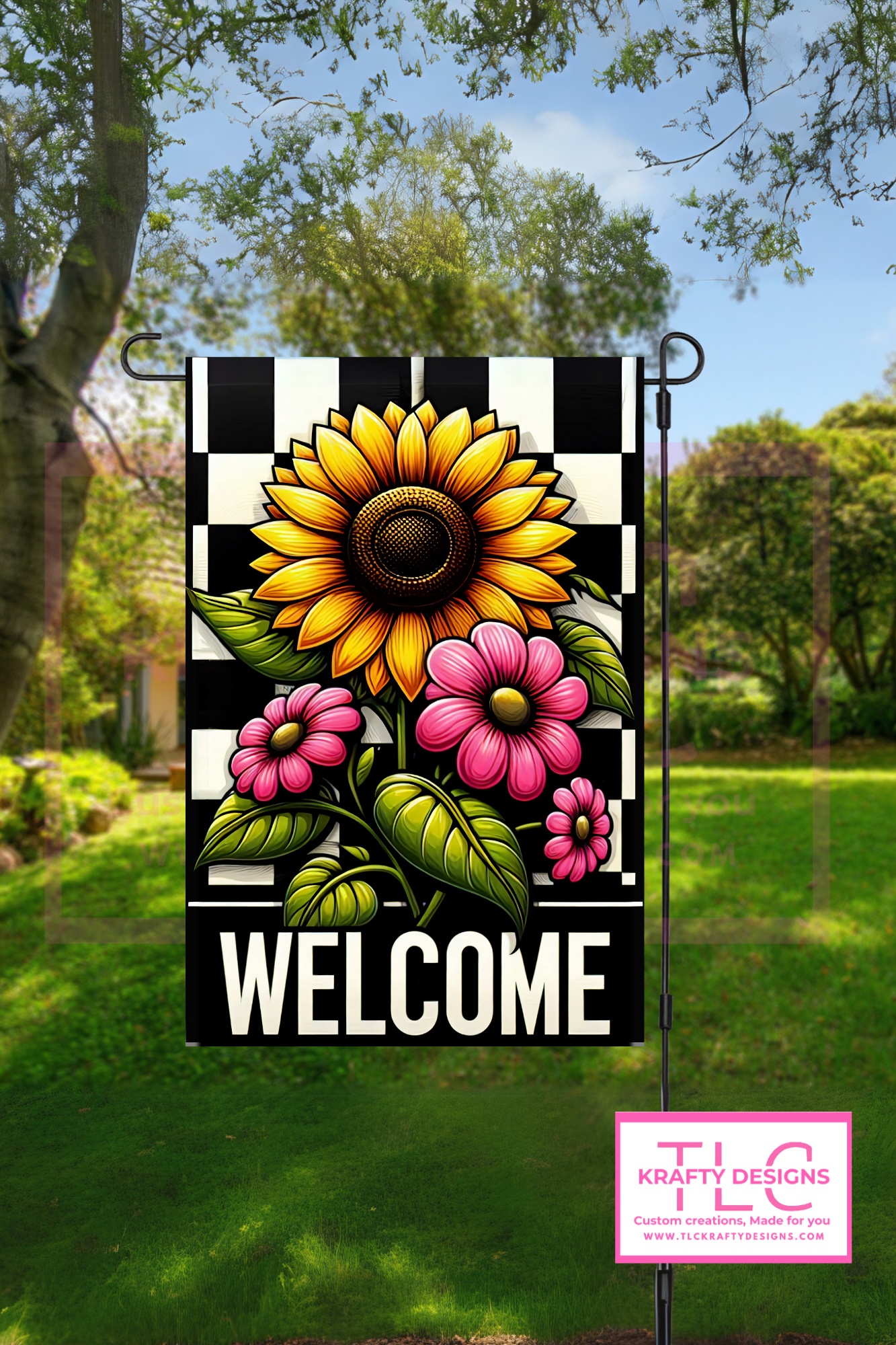 Bold Sunflower & Pink Blooms Welcome Garden Flag – Checkered Black & White Accent