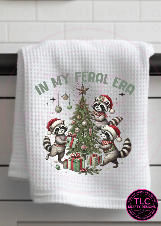 In My Feral Era Christmas Raccoons Tea Towel – Funny Holiday Kitchen Decor