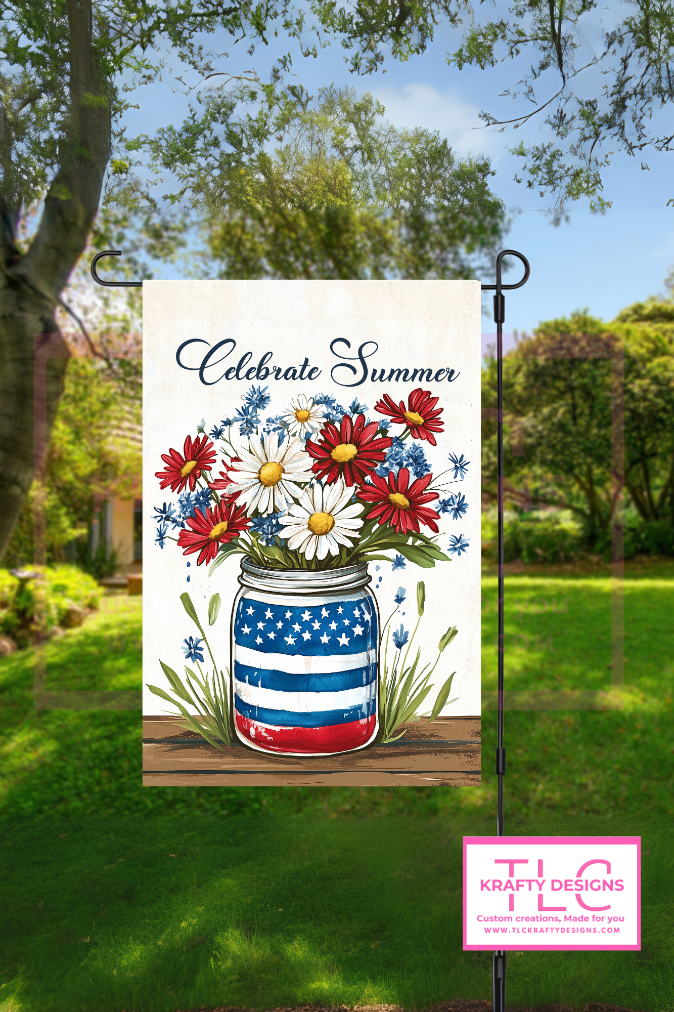 Celebrate Summer Garden Flag – Patriotic Wildflowers in Mason Jar Outdoor Banner