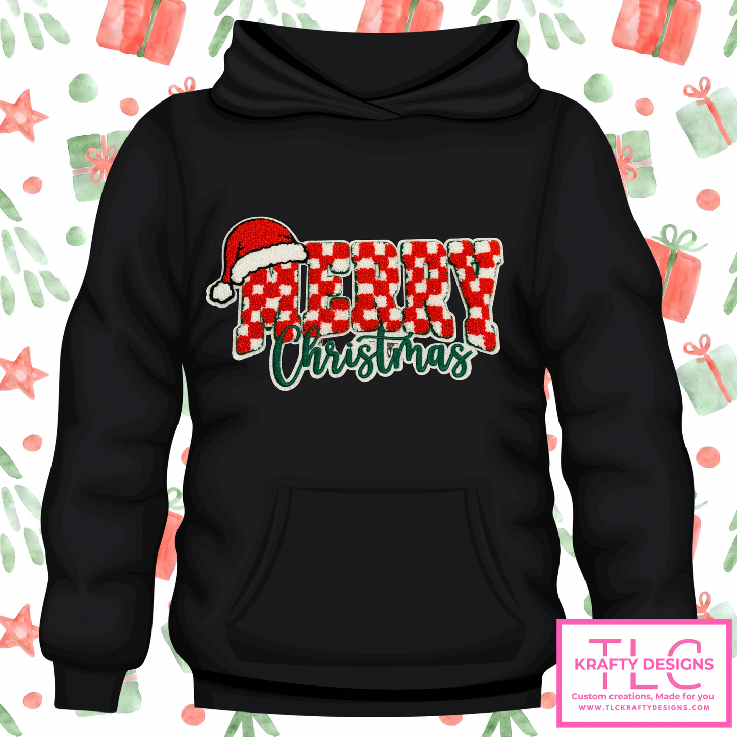 π
MERRY Christmas Hoodie β Red Checkered Chenille Patch with Santa Hat (Sβ4XL)