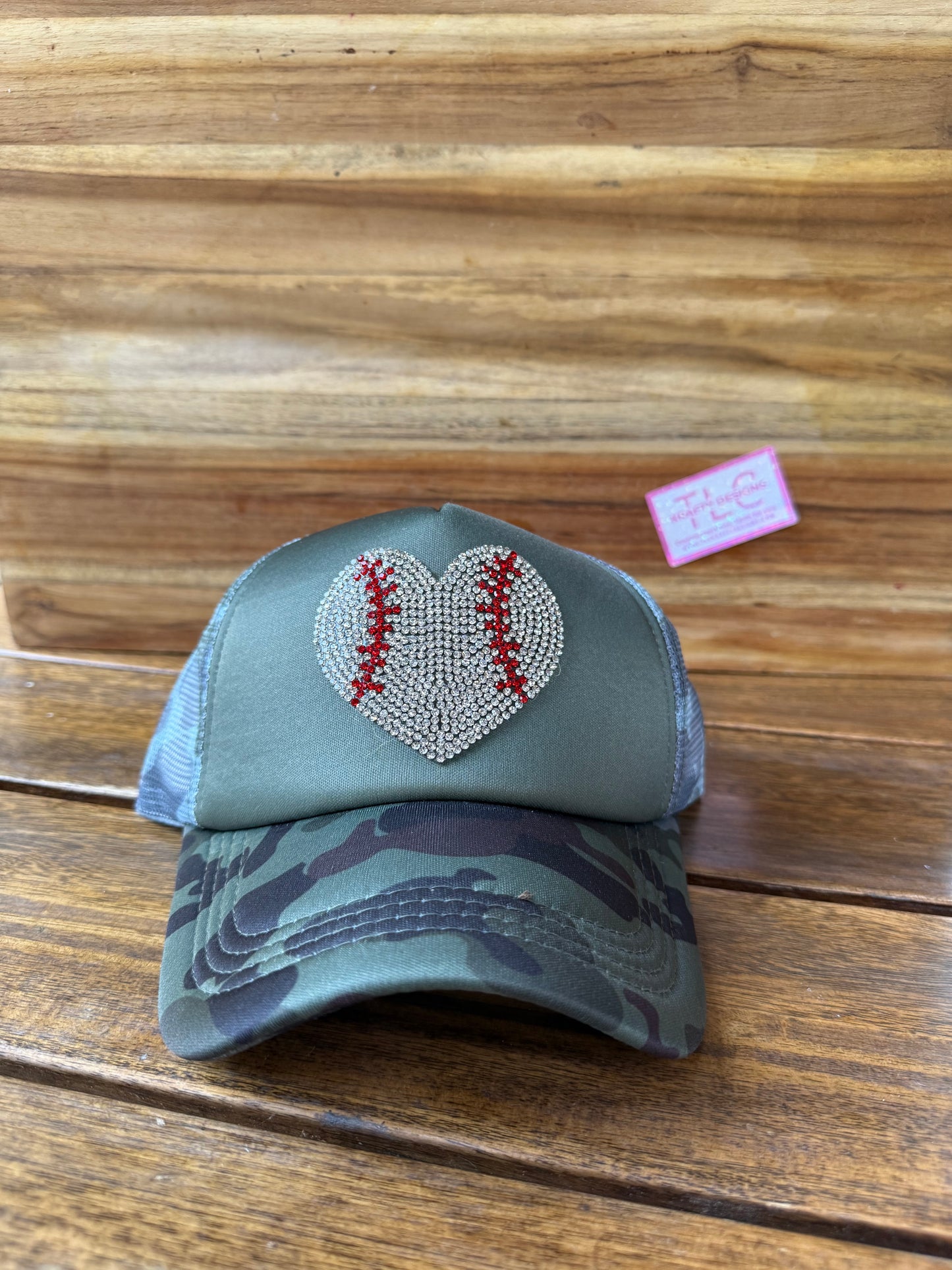 Baseball Heart Trucker Hat – Olive Green and Camo with Rhinestone Stitch Patch
