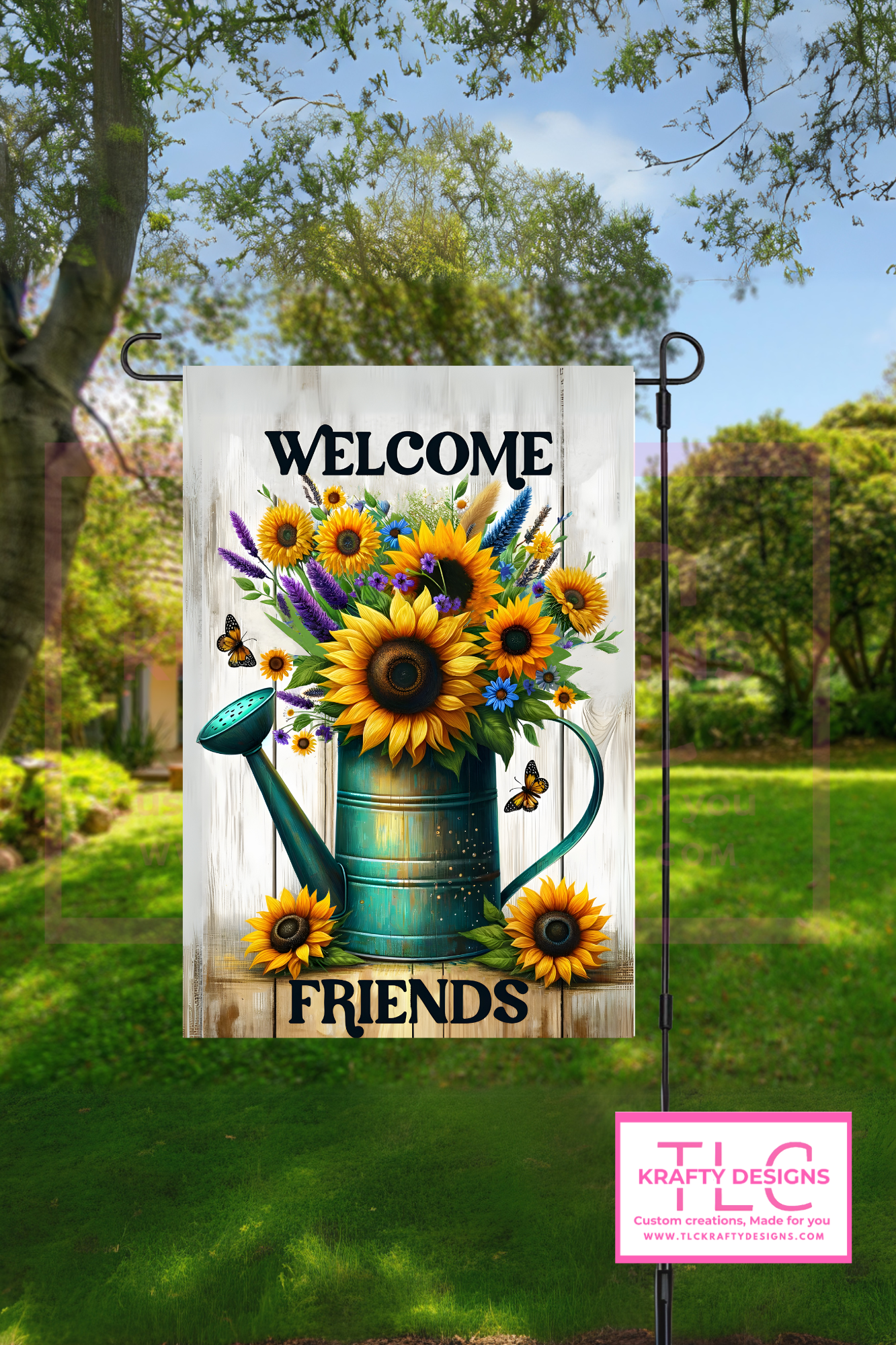 Welcome Friends Garden Flag – Sunflowers in Watering Can with Butterflies Outdoor Banner