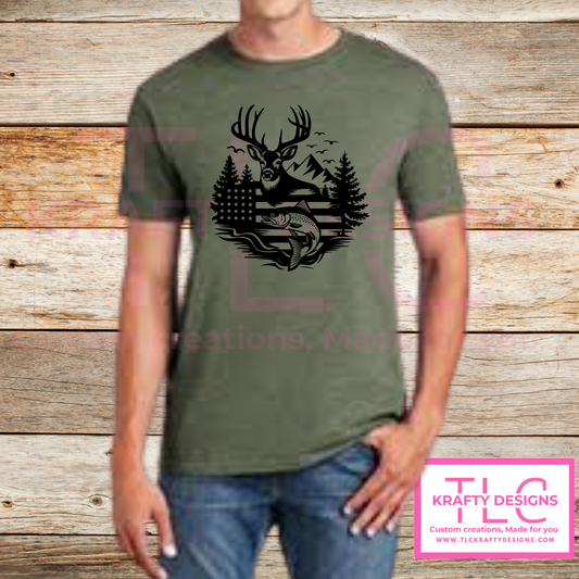 Hunting and Fishing American Flag Shirt – Deer, Trout & Forest Silhouette Tee | Outdoor Patriotic Men’s T-Shirt