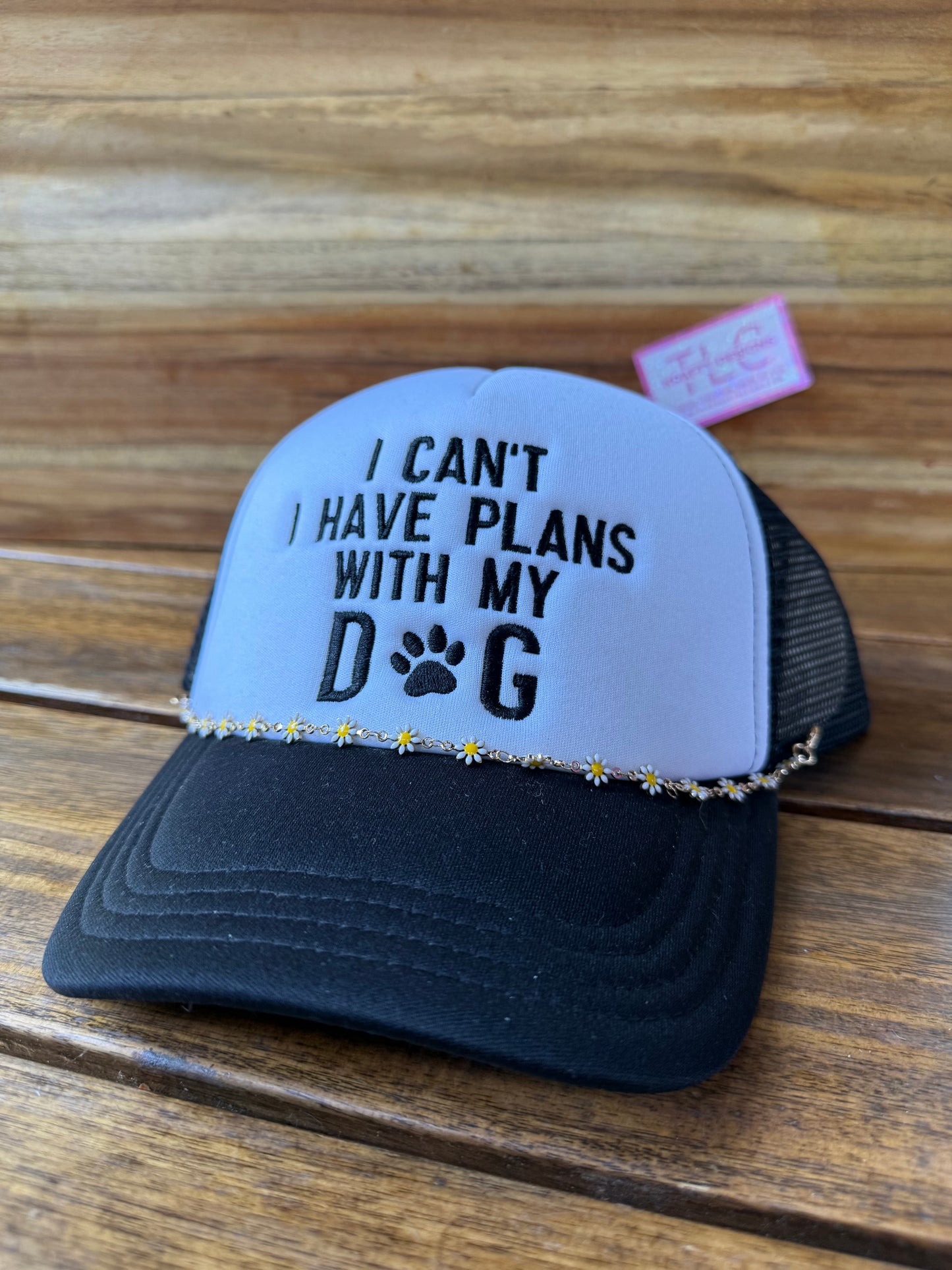 I Can’t, I Have Plans with My Dog Trucker Hat – Black Mesh with Daisy Chain Accent