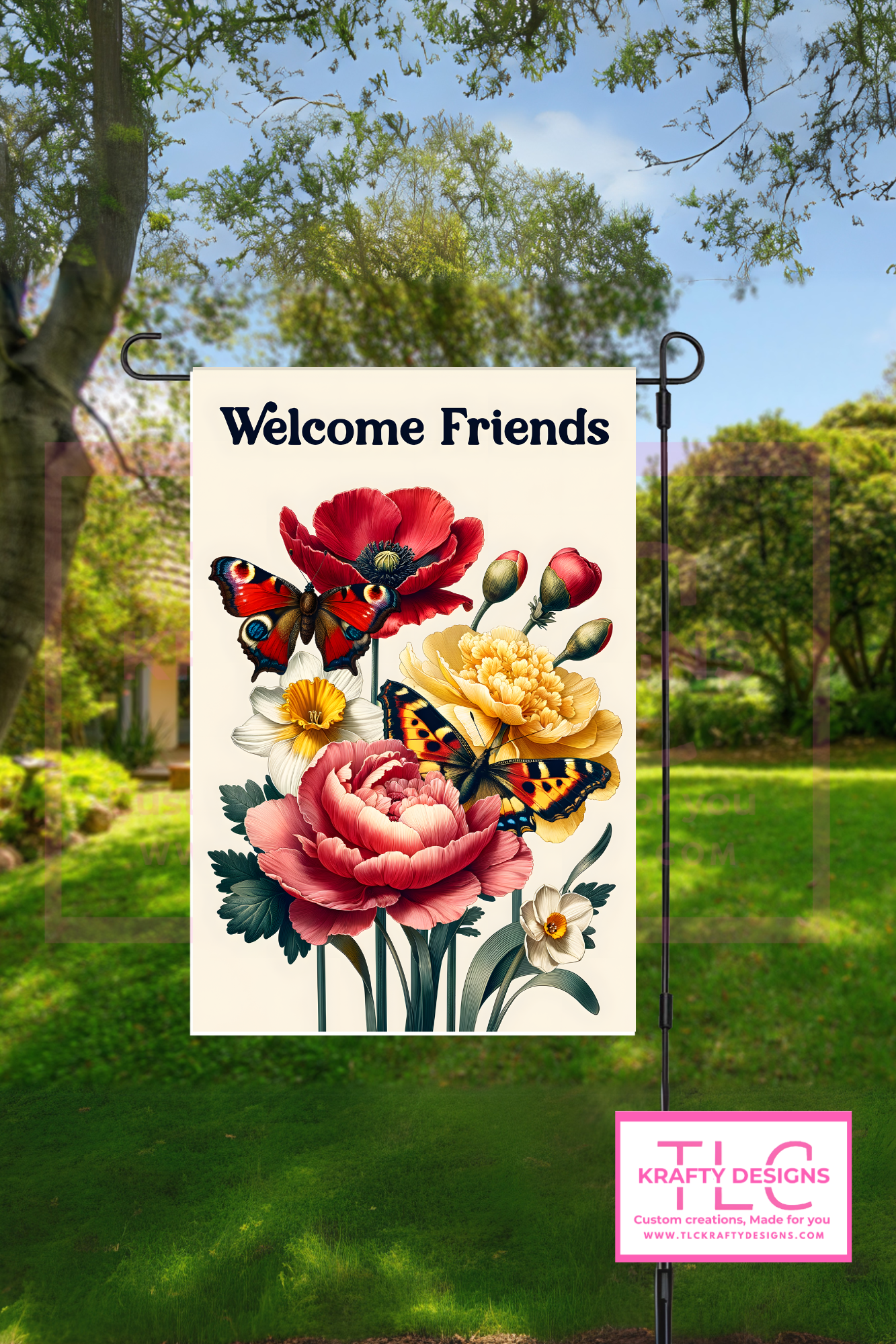 Welcome Friends Garden Flag – Vintage-Inspired Peonies and Butterflies Outdoor Banner
