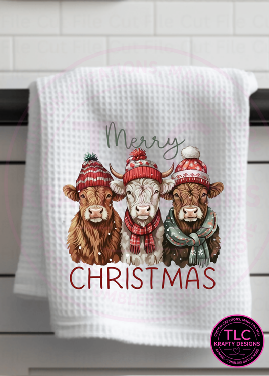 Merry Christmas Farmhouse Cows Holiday Towel – Rustic Winter Kitchen Decor