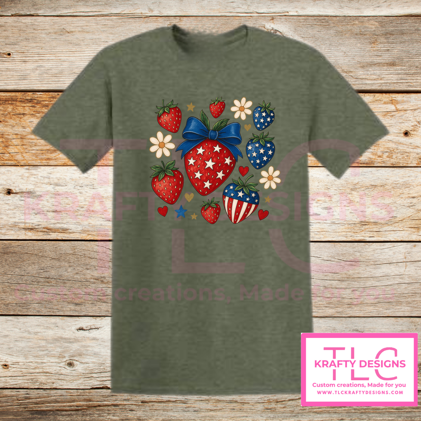 Patriotic Strawberry Tee – Red, White & Blue Summer Style