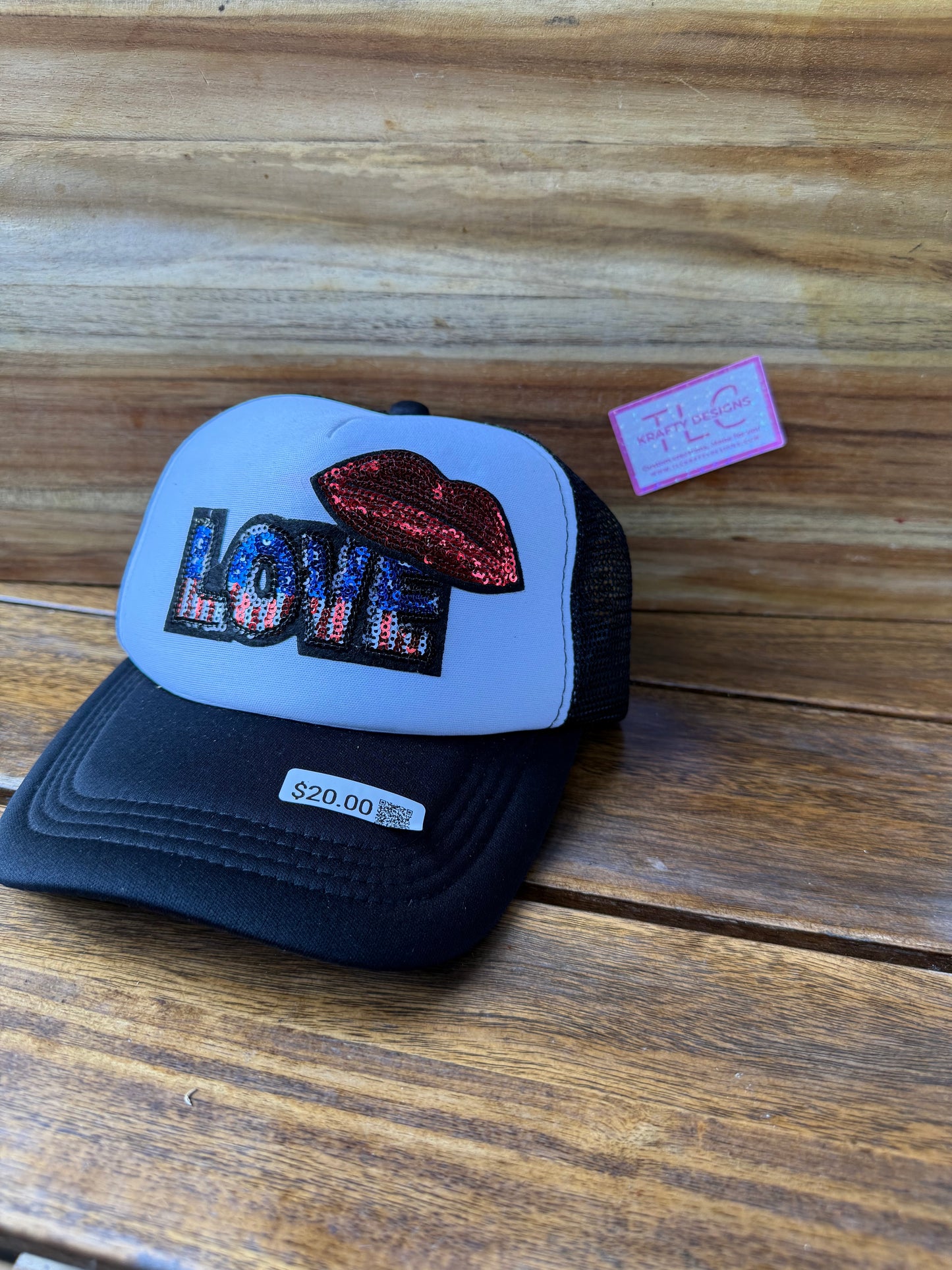 Sequin Love & Lips Trucker Hat – Black Mesh with Sparkle Patch Design