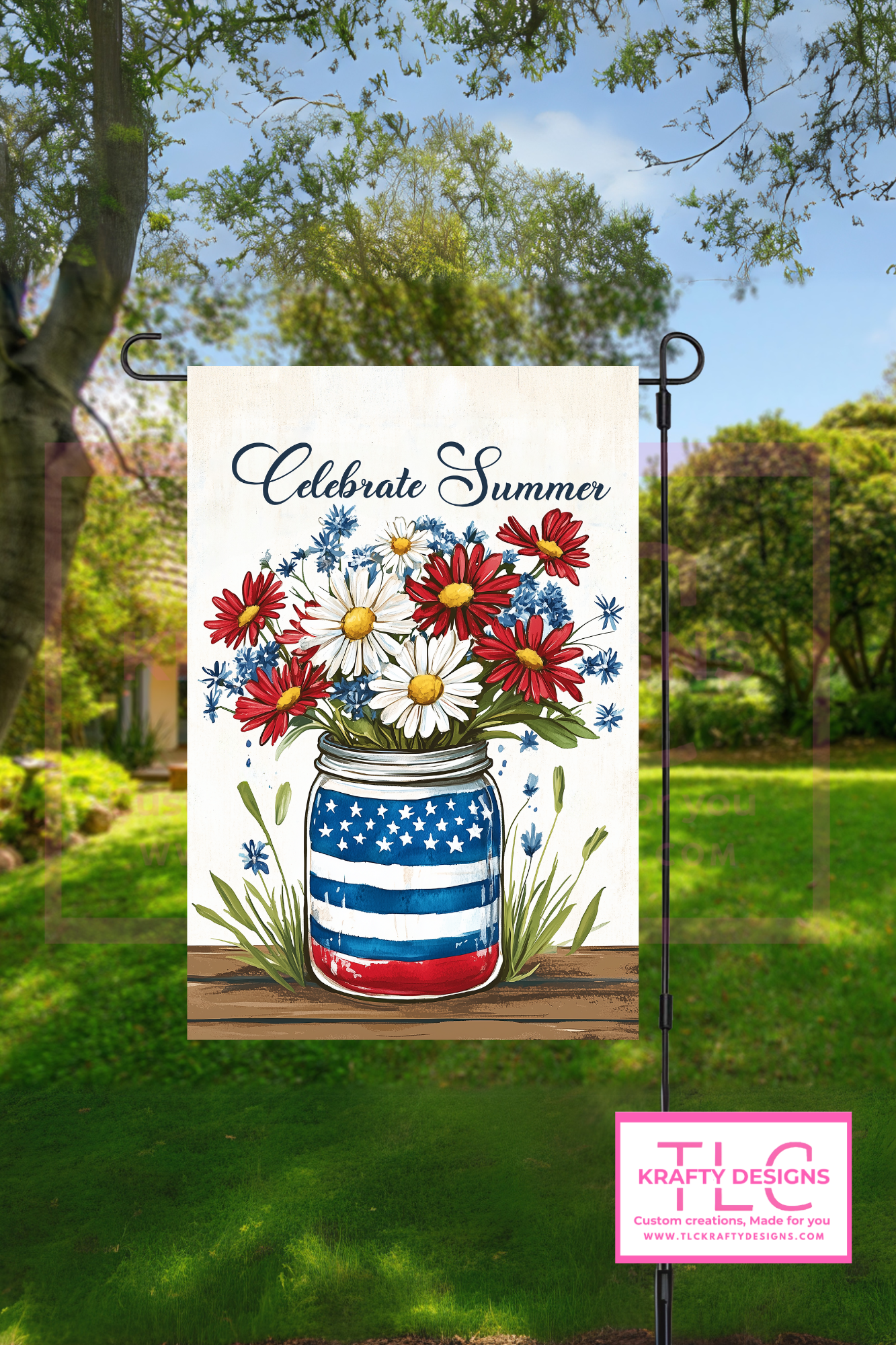 Celebrate Summer Garden Flag – Patriotic Mason Jar with Wildflowers
