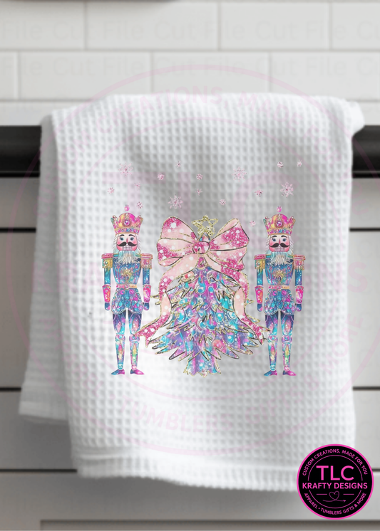 Whimsical Nutcracker & Christmas Tree Towel – Pink and Blue Holiday Kitchen Decor