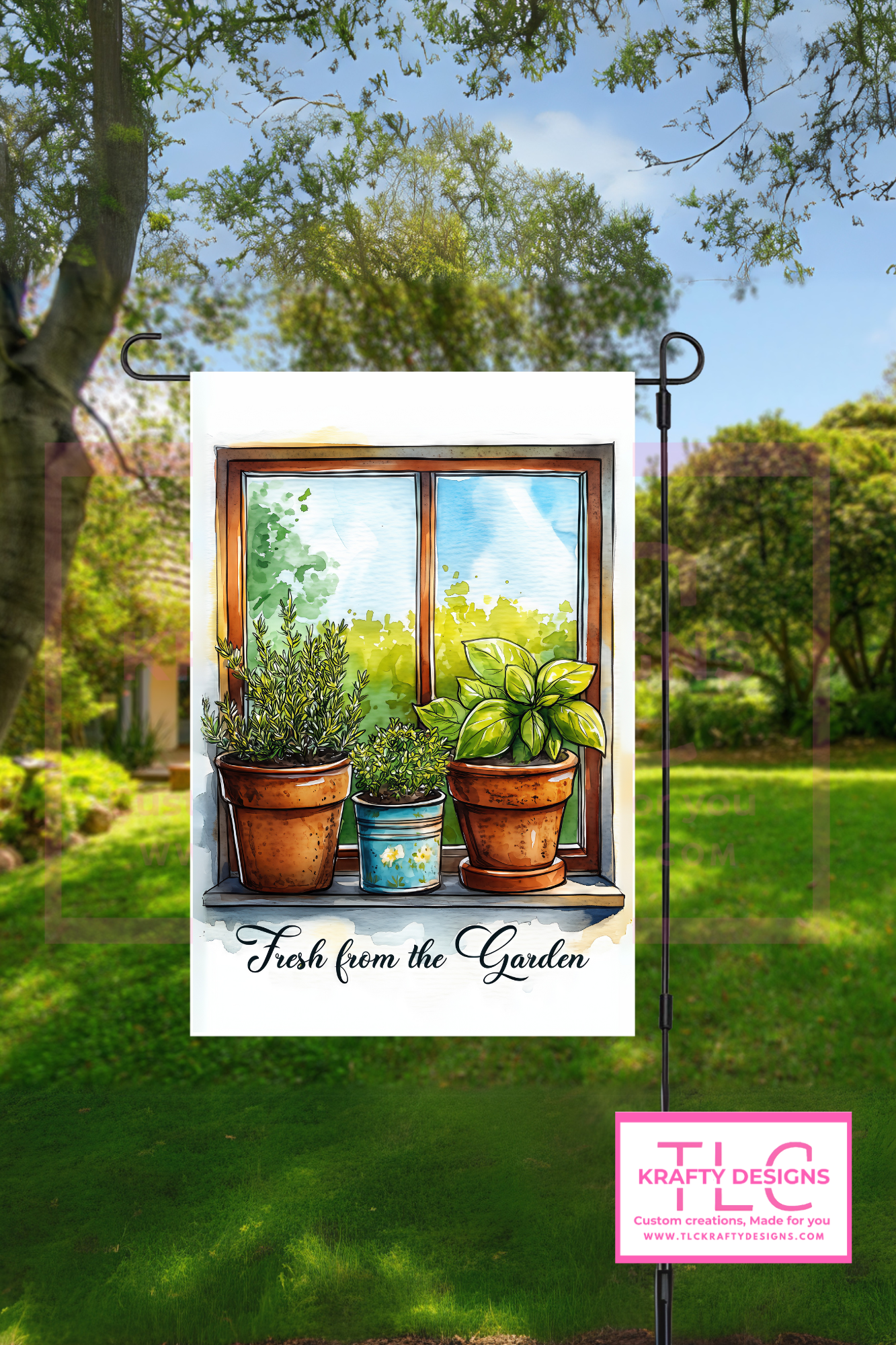 Fresh from the Garden Flag – Potted Herbs Kitchen Window Watercolor Banner