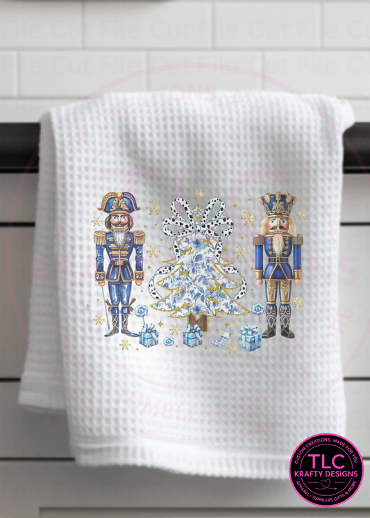 Blue & Gold Nutcracker Christmas Towel – Elegant Holiday Tree and Gift Design