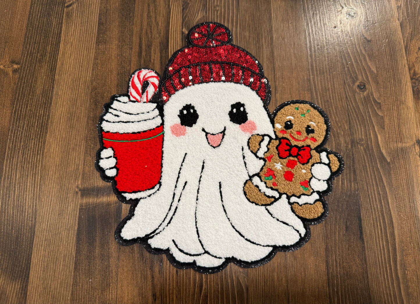 Holiday Ghost Sweatshirt β Ghost with Cocoa & Gingerbread Chenille Patch (Crewneck or Hoodie)