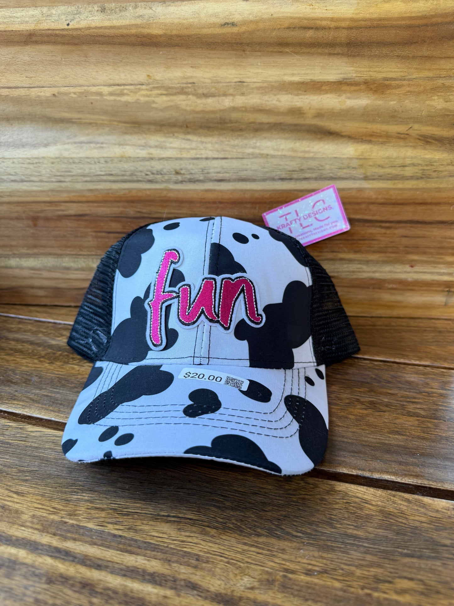 Cow Print Trucker Hat – Pink “Fun” Embroidered Patch Design