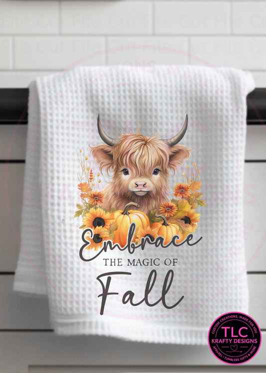 Embrace the Magic of Fall Highland Cow Kitchen Towel” 🐂🍂