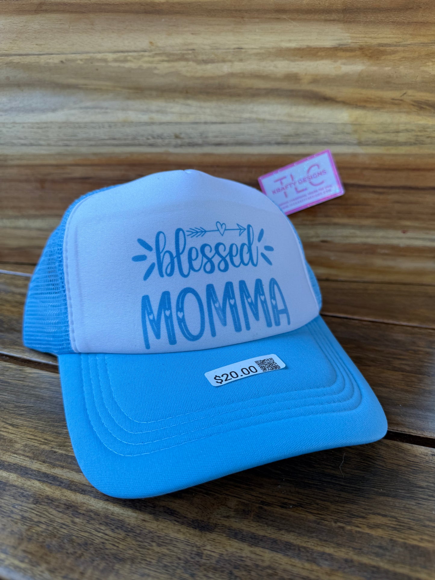 Blessed Momma Trucker Hat – Blue and White Hat with Arrow Design