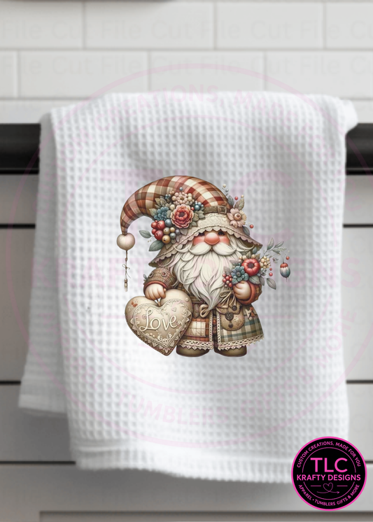 Rustic Love Gnome Towel – Vintage Farmhouse Kitchen Decor with Flowers & Heart Accent