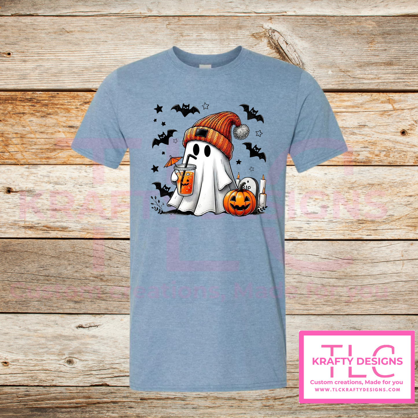 Cozy Ghost Halloween Tee – Fall Drink & Pumpkin Shirt in Fun Colors