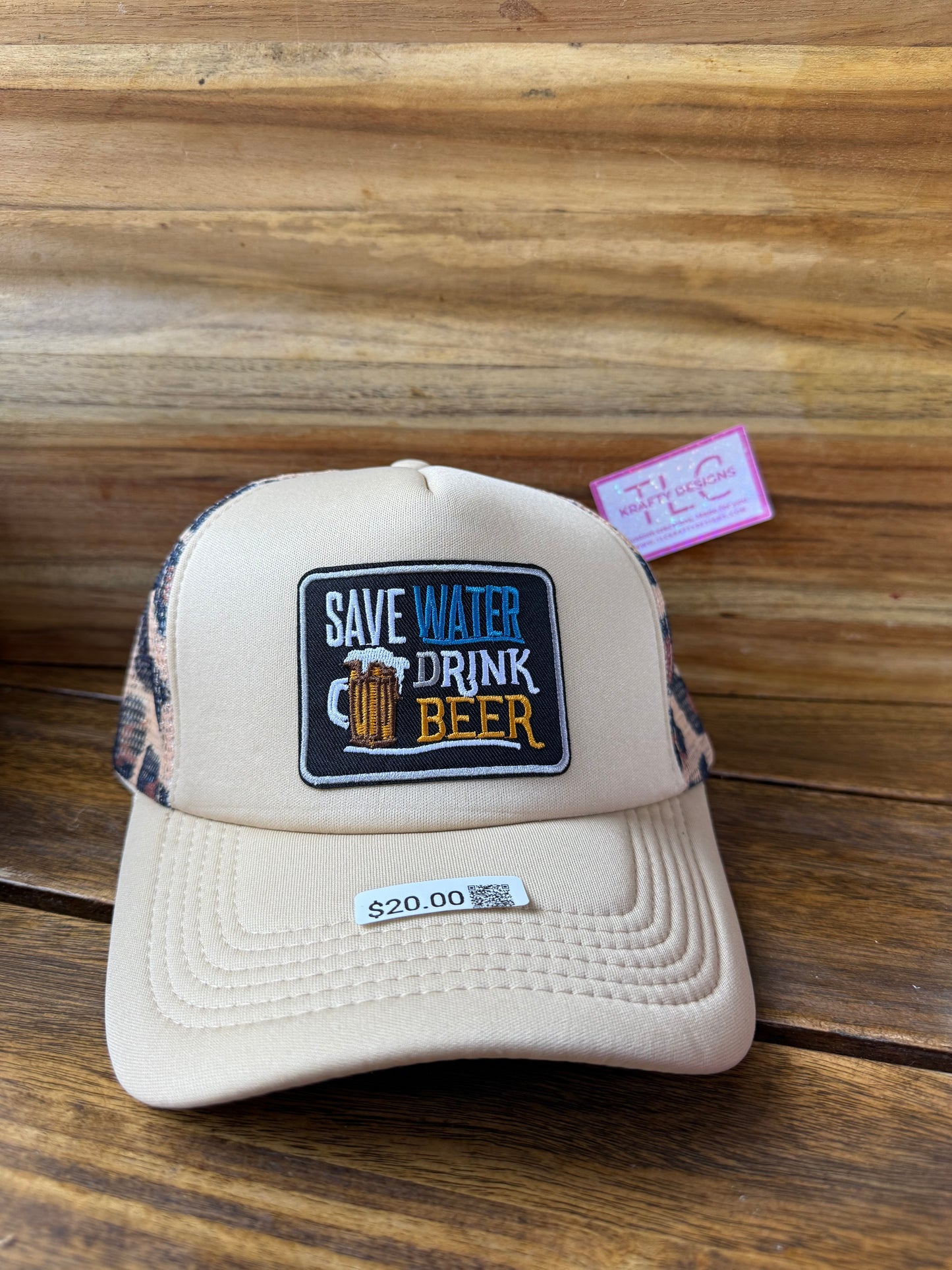 Save Water Drink Beer Trucker Hat – Tan Front with Leopard Mesh and Beer Patch