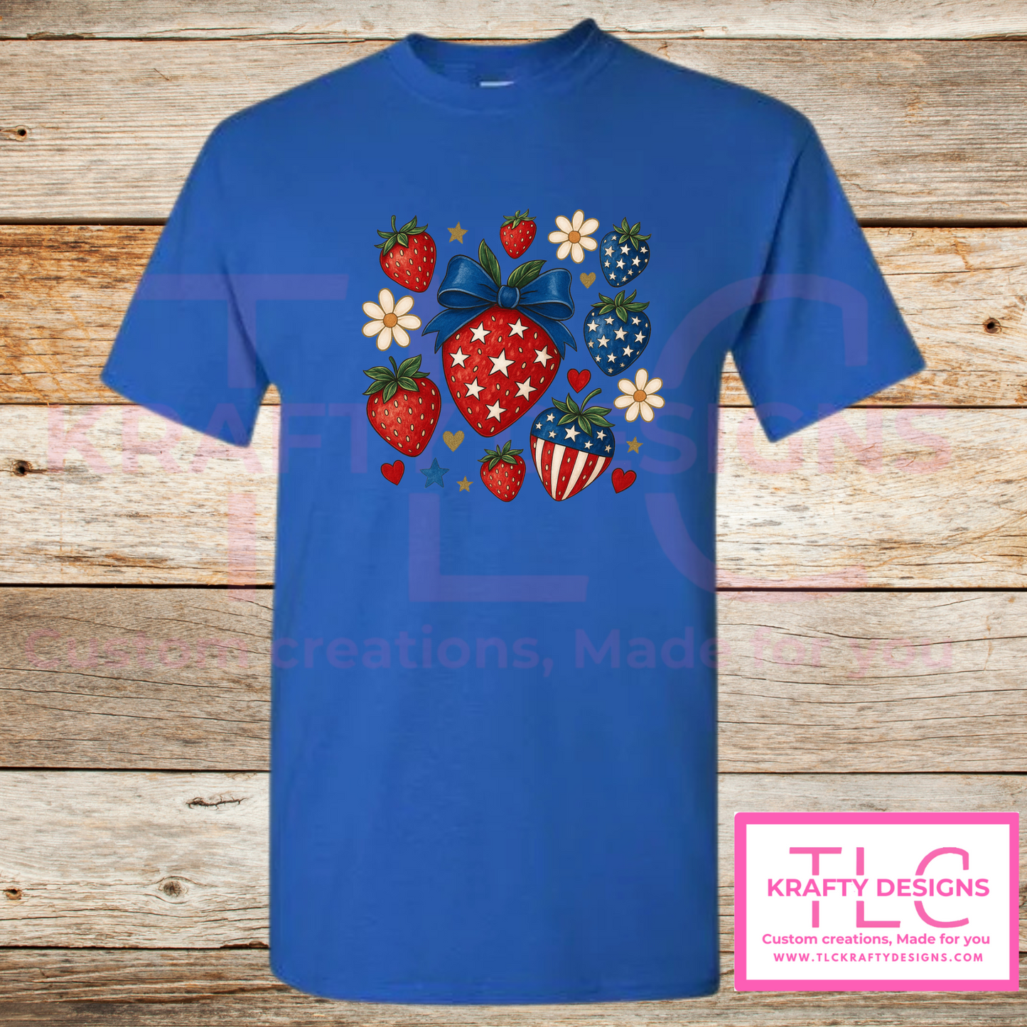 Patriotic Strawberry Tee – Red, White & Blue Summer Style