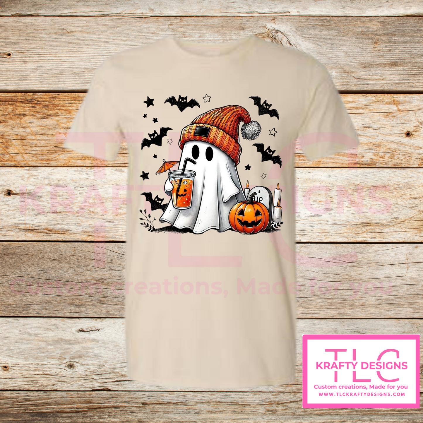 Cozy Ghost Halloween Tee – Fall Drink & Pumpkin Shirt in Fun Colors