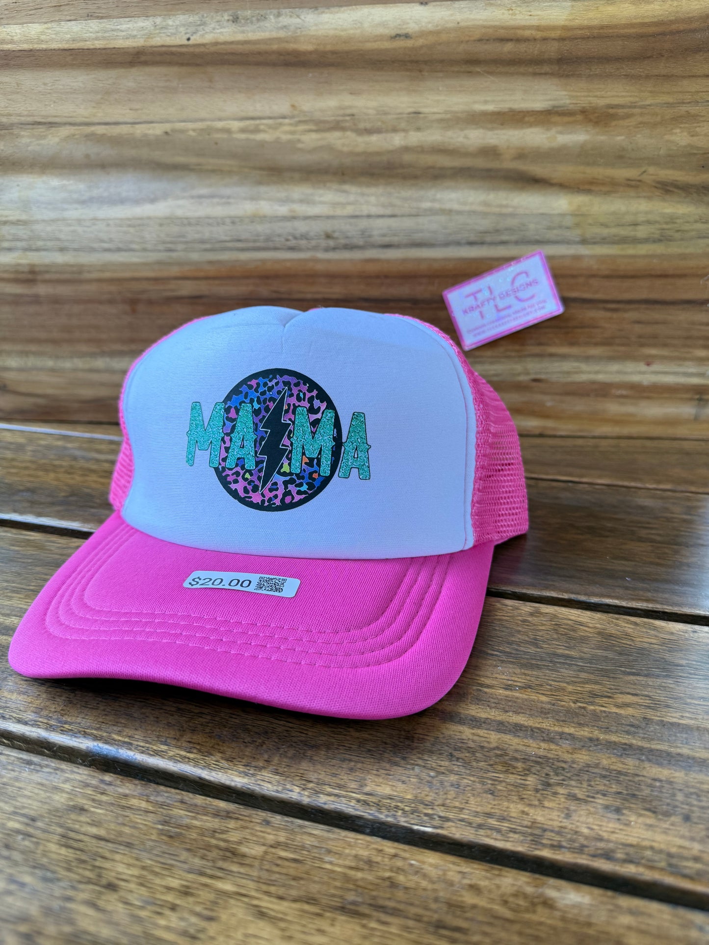 Hot Pink MAMA Trucker Hat – Leopard Print & Lightning Bolt Design