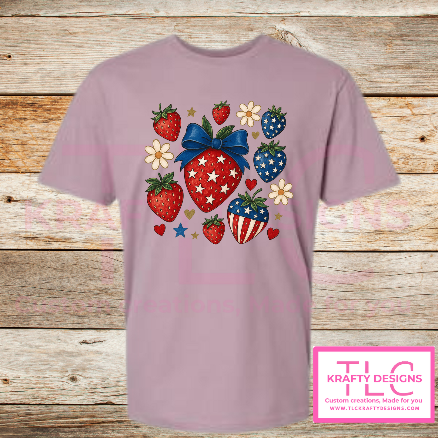 Patriotic Strawberry Tee – Red, White & Blue Summer Style