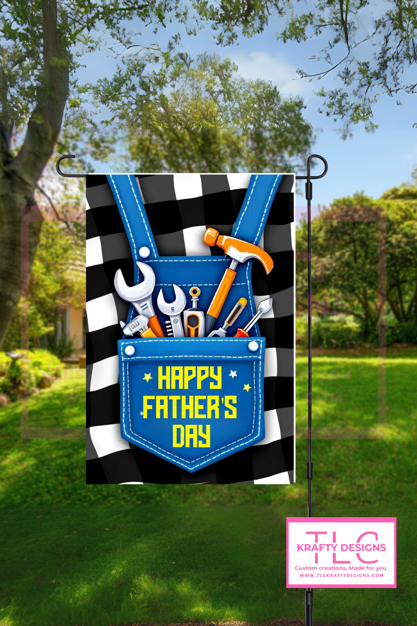 Happy Father’s Day Garden Flag – Tool Belt & Checkered Background Outdoor Banner