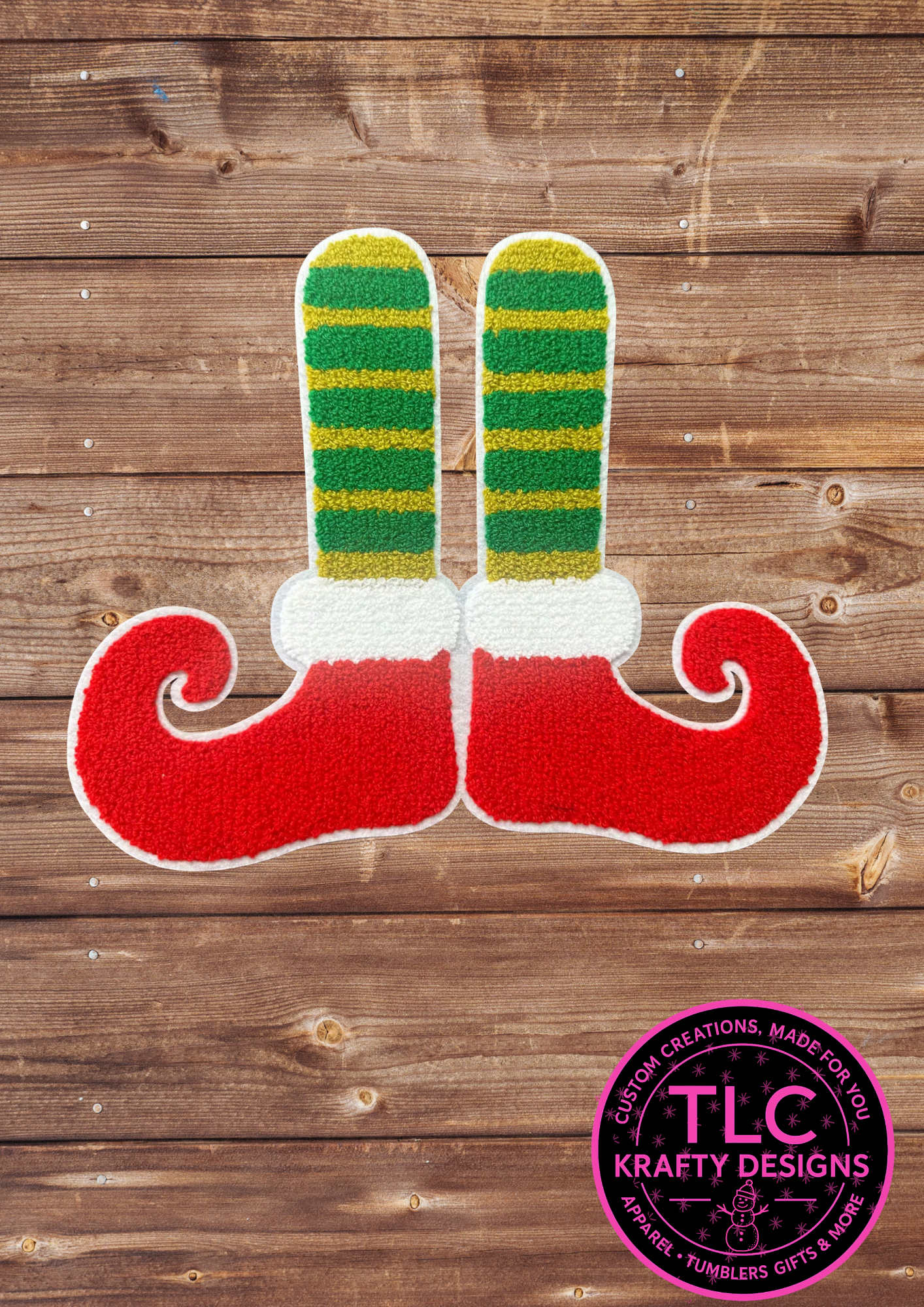 XL Elf Shoes Chenille Patch – Holiday Christmas Appliqué with Red Boots & Green Striped Socks Preorder