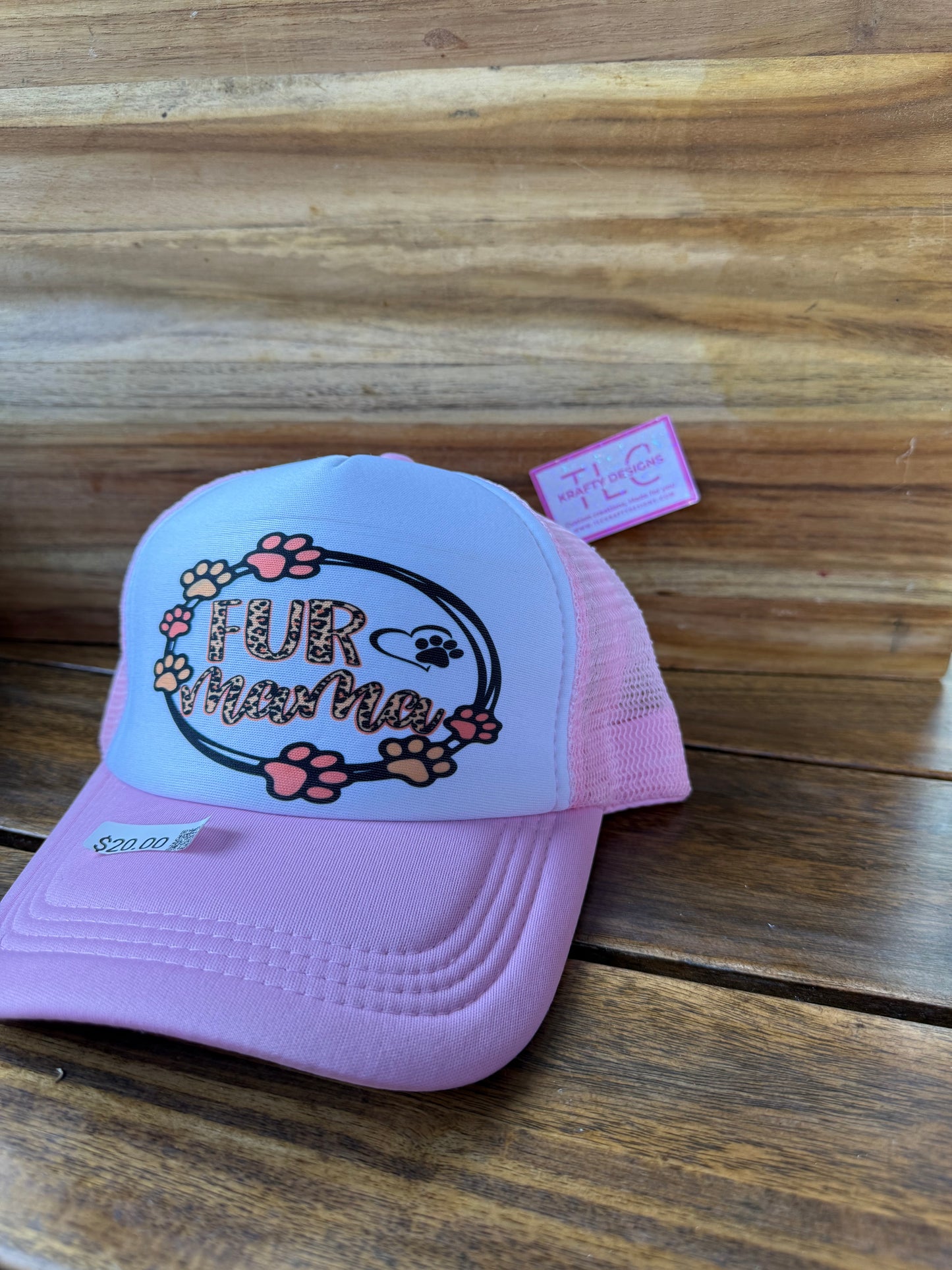 Fur Mama Trucker Hat – Light Pink Mesh with Leopard Print Paw Design