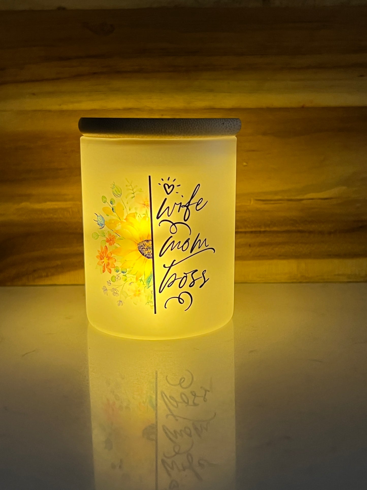 Sunflower-Themed “Wife, Mom, Boss” 10oz Candle/Trinket Holder